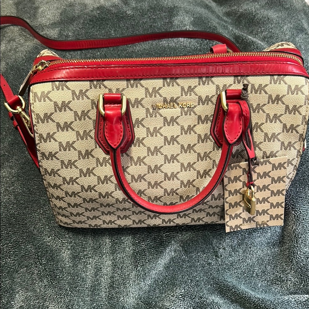 Michael Kors Red and Tan Satchel with Gold Hardware
